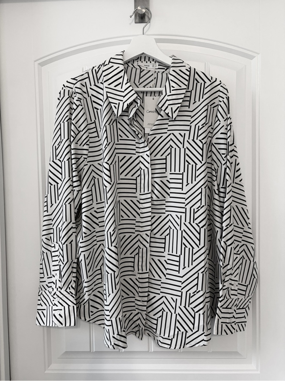 Mango Black & White Geometric Button-Down Blouse
